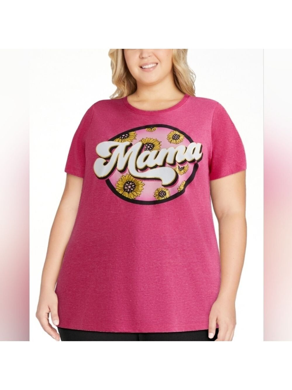 XXL• Celebrate • Retro Mama Pink Short Sleeve Graphic Tee with Golden Sunflowers